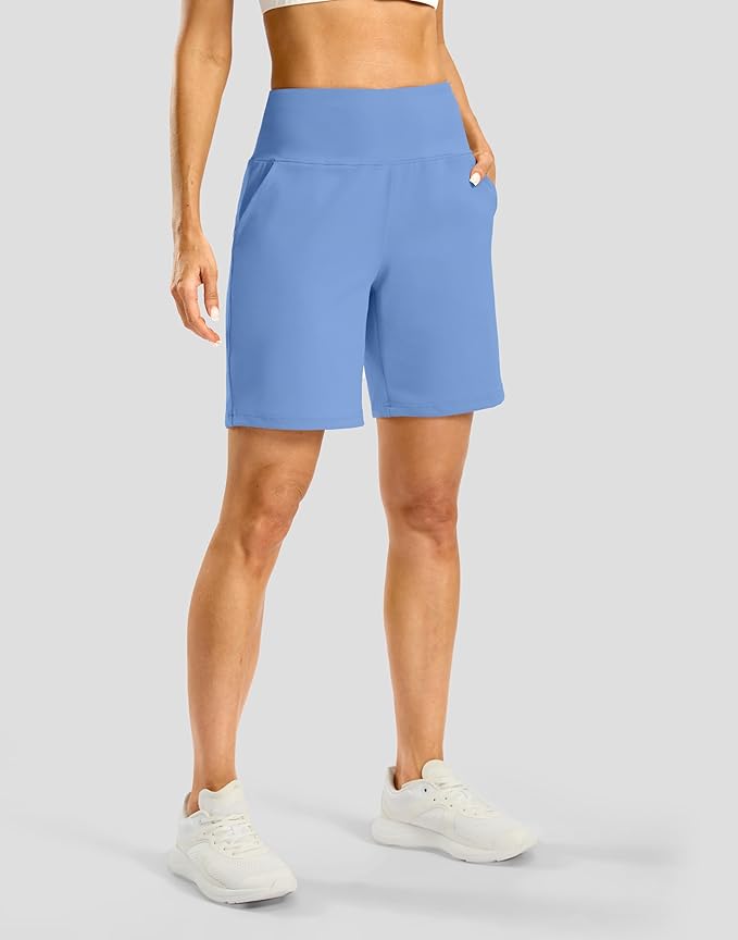 Women's Athletic Shorts with Zipper Pocket 7" High Waisted Stretchy Bermuda Shorts for Women Workout Running Casual