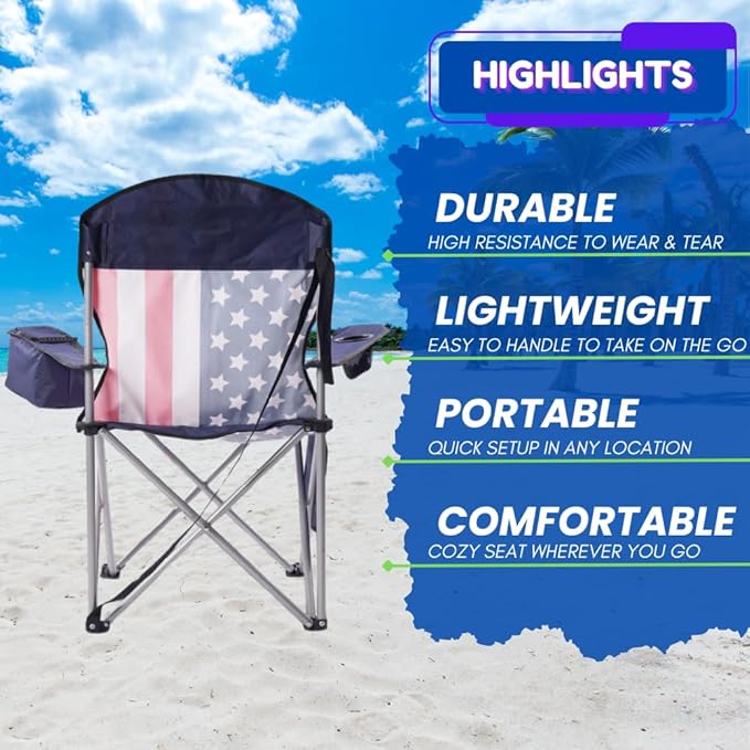 EZONE 4-Pack Camping Chairs with Built-in Ice Cooler, Portable Chair, Storage Pocket, Cup Holder, and Carry Bag Perfect for Camping, Tailgating, Fishing, Beach, and Lawn (4, Flag)