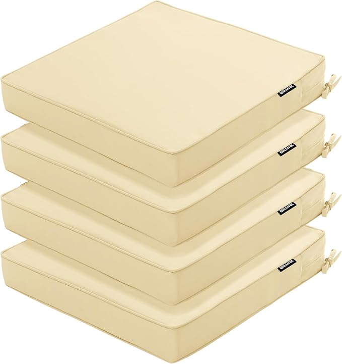 Outdoor Chair Cushions 16 x 17 Inch, Set of 4, Waterproof Patio Chair Cushions with Tie 5 Year Color Fastness Thick Outdoor Seat Cushion for Garden Lawn Patio Furniture Beige