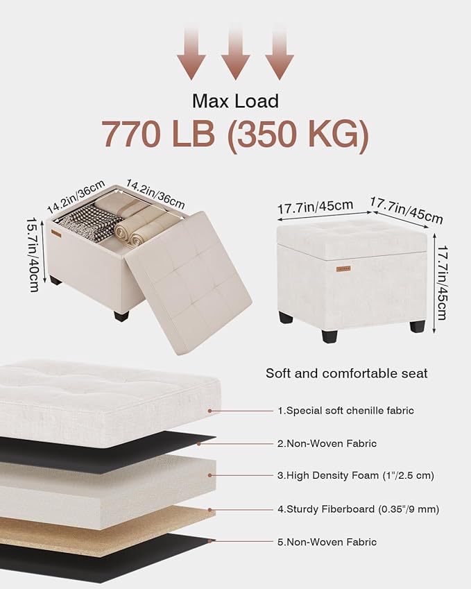 ABHENG 17.7 inches Chenille turfed Ottomans Cube with Storage, Metal-Framed Square Storage Ottoman Foot Rest Stool Holds 770 LB for Dorm Living Room Bedroom White UASND641W