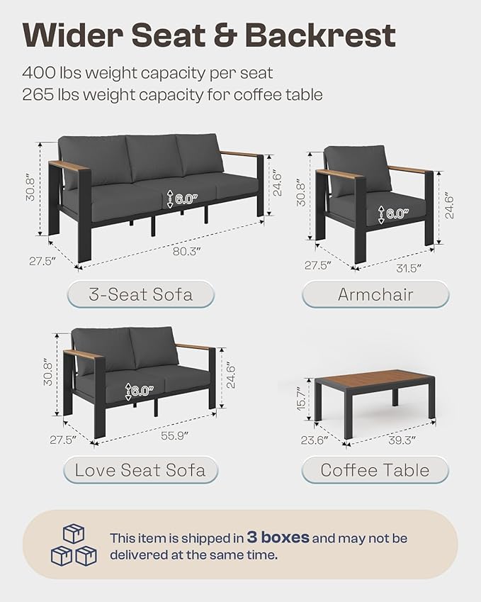 Oasbira Aluminum Outdoor Patio Furniture Set with Coffee Table, 4 Piece Patio Conversation Sets with Washable Thick Cushions, Outdoor Sectional Furniture Set for Porch, Balcony, Deck, Yard, Graphite