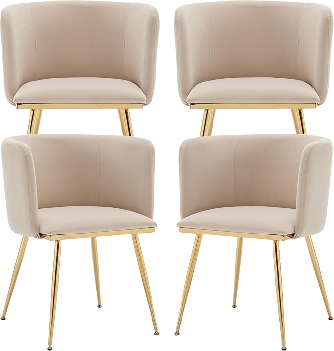 Canxkun Velvet Dining Chairs Set of 4, Barrel Dining Chairs with Gold Metal Legs, Modern Upholstered Dining Room Chair for Dining Room, Kitchen, Vanity (Beige)