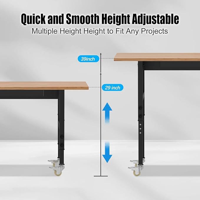 60” Adjustable Work Bench, Heavy Duty Work Table with Power Outlets & Drawers Wheels for Workshop, Garage, 3000 Lbs Capacity