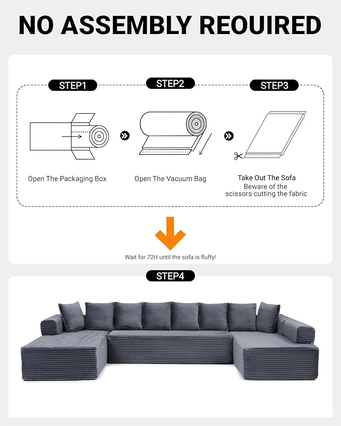 145" Oversized Cloud Boneless Sectional Sofa with Chaise, Corduroy U Shaped Modular Couch with Deep Seat, Fixed Frame Comfy Corner Sofa, No Assembly Required (Grey)