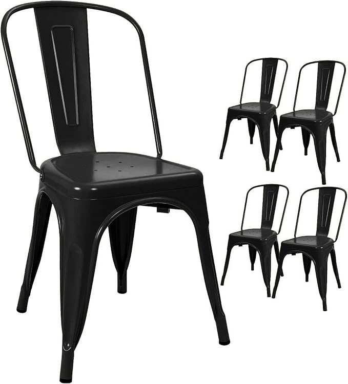 Devoko Metal Indoor-Outdoor Chairs Distressed Style Kitchen Dining Chairs Stackable Side Chairs with Back Set of 4 (Black)
