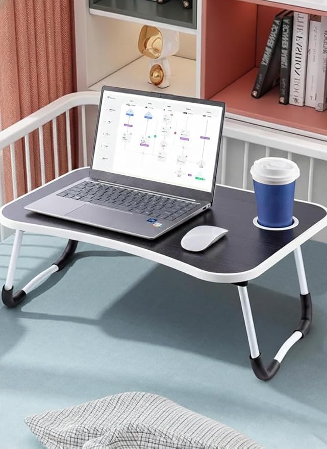 24x12in Laptop Bed Table, Foldable Lap Desk with Cup Holder & Tablet Slot, Portable Ergonomic Bed Tray for Work & Study (Black)