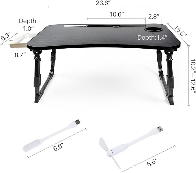 BYMECOST Laptop Desk for Bed, Height Adjustable Laptop Bed Table, Foldable Portable Lap Desk Stand with USB/Storage Drawer/Cup Holder/Slot, Breakfast Tray for Working Reading Writing Eating