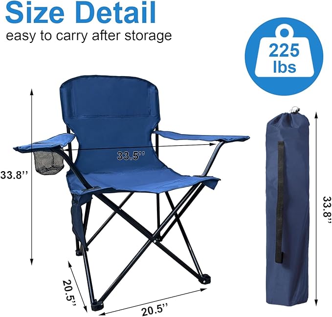 SAILARY Folding Camping Chair with Cup Holder and Cooler Bag, 225lbs Capacity, Upgraded Portable Foldable Chair with Heavy Duty Steel Frame for Outdoor, Beach, Fishing, Backpacking, Navy Blue 2PCS