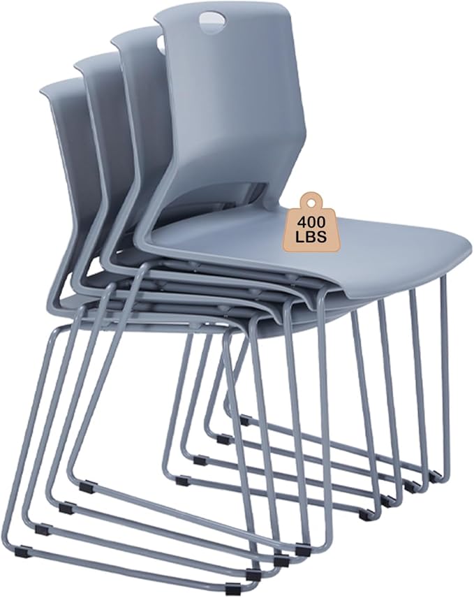 Grey Stacking Chairs Set of 4, Modern Stackable Office Chairs with Wide Plastic Seat & Metal Sled Base for Waiting Room Break Room Conference Church Banquet Lobby