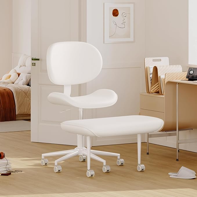 Pinmoco Upgraded Cross Legged Office Chair with Wheels, ADHD Chair for Adults, Wider Height Adjustable Backrest and Seat, Meditation Chair, Ergonomic & Yoga Office Chair, PU Leather, Beige, White