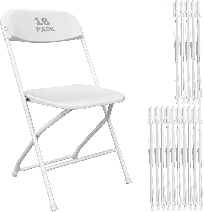 16 Pack White Plastic Folding Chair, Indoor Outdoor Portable Stackable Commercial Seat with Steel Frame 350lb. Capacity for Events Office Wedding Party Picnic Kitchen Dining