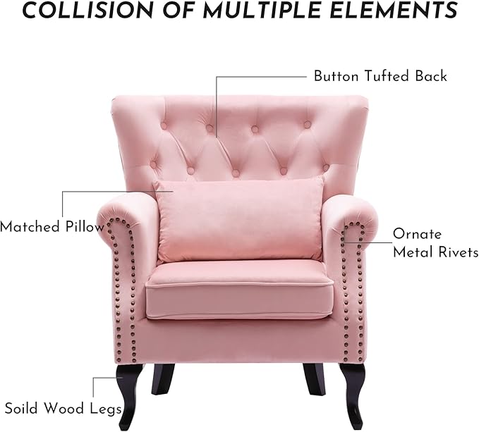 LZAREAL Accent Reading Arm Chairs for Living Room Bedroom, Midcentury Modern Comfy Corner Sofa Chair, Wingback Waiting Room Club Chair with Button Tufted Back &Lumbar Pillow, Velvet Pink