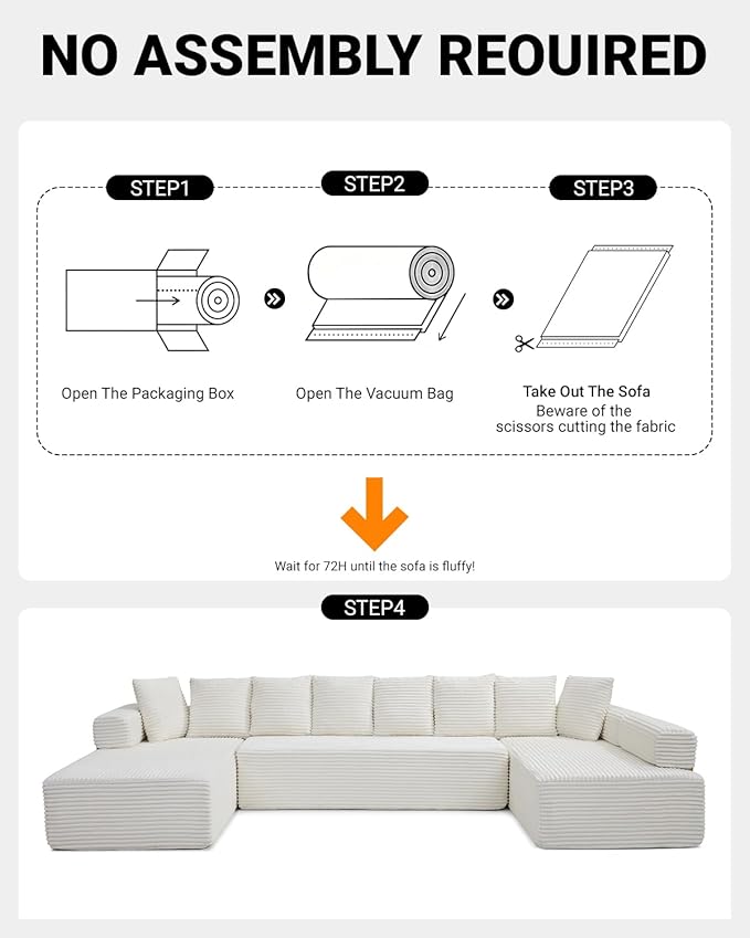 145" Oversized Cloud Boneless Sectional Sofa with Chaise, Corduroy U Shaped Modular Couch with Deep Seat, Fixed Frame Comfy Corner Sofa, No Assembly Required (Beige)