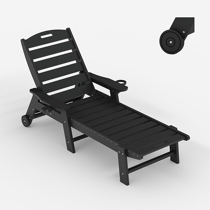 GarveeLife Outdoor HDPE Chaise Lounge with Rolling Wheels, Oversize HDPE 5-Position Pool Lounge Chairs, Pool Lounges Chairs