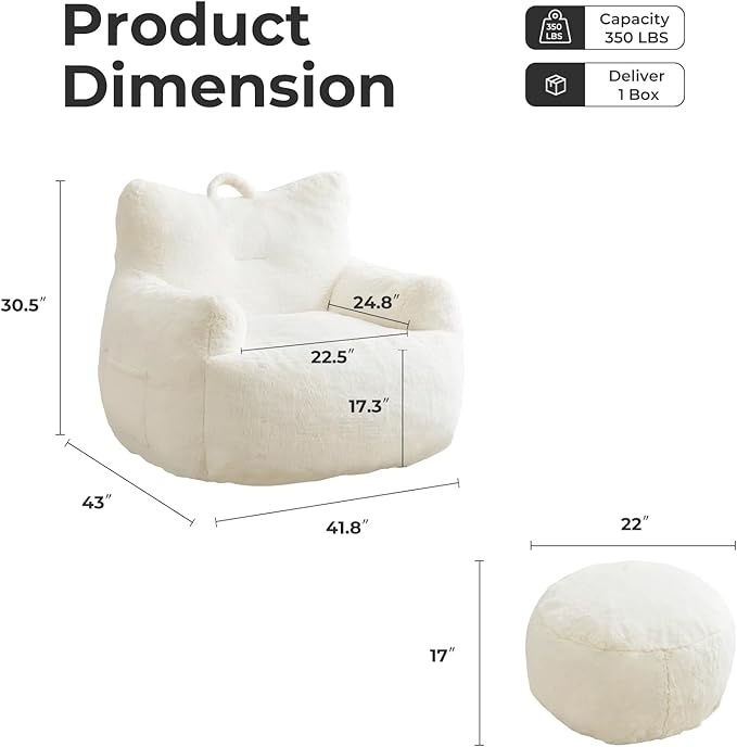 Giant Bean Bag Chair for Adults with Ottoman, Oversized Bean Bag with Filling Plush Fluffy,BeanBag Lazy Sofa Couch with Armrest for Living Room, Stuffed Floor Sofa with Sidepocket for Bedroom, Beige