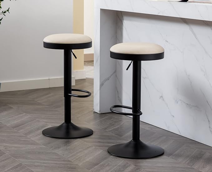 EALSON Modern Swivel Bar Stools Set of 3 Adjustable Counter Height Backless Barstools with Metal Base Leather Upholstered Round Bar Stool Chairs for Kitchen Island/Pub/Breakfast Bar, Beige