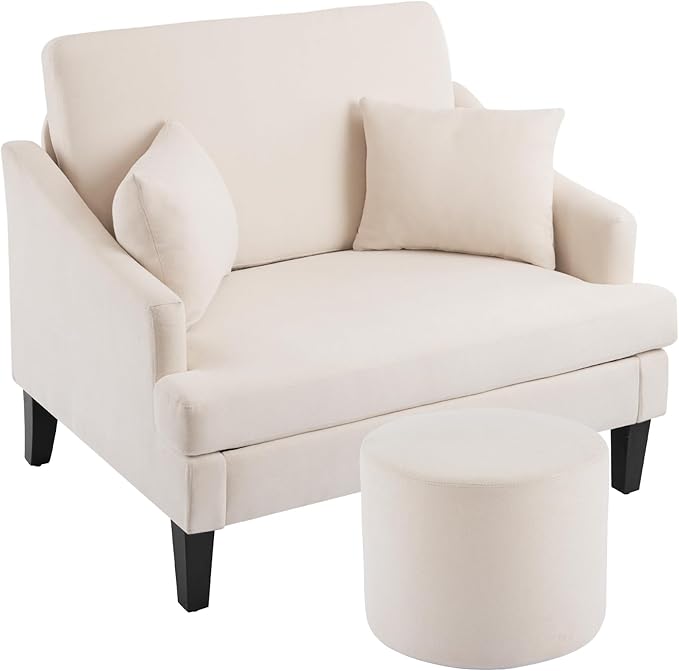 Bezseller Oversized Accent Chair with Ottoman - 33.5'' Wide Seat Comfy Armchair with 2 Pillows, Upholstered Big Reading Chair, Modern Single Sofa Chair for Living Room Bedroom Office, Beige/White