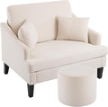 Bezseller Oversized Accent Chair with Ottoman - 33.5'' Wide Seat Comfy Armchair with 2 Pillows, Upholstered Big Reading Chair, Modern Single Sofa Chair for Living Room Bedroom Office, Beige/White