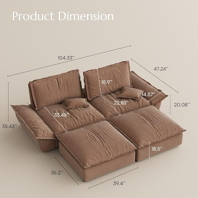 POVISON Oversized Modular Sectional Sailboat Sofa for Living Room with Adjustable Backrest Modern Sectional Couches Loveseat Large Deep Sofa 2 Seats with 2 Ottomans Comfy Cloud Couch for House Office