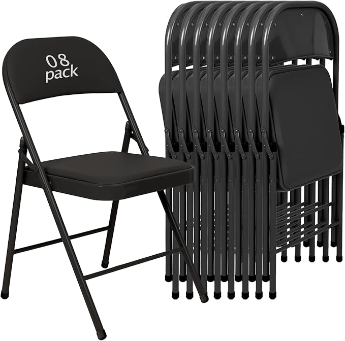 8 Pack Black Padded Folding Chairs Set - Comfortable Stackable Portable Chairs for Indoor Outdoor, Events, Parties, Office, Wedding (PU Leather, Classic Black,School Chair)