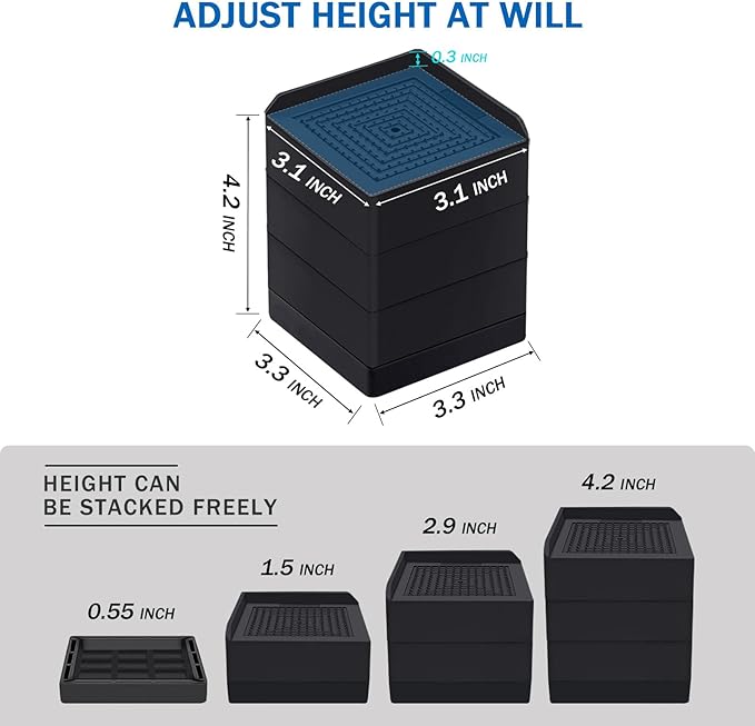 ANNKUT Bed Risers 4 inch Heavy Duty, Furniture Risers for Desk Table Sofa Couch Lifts to 1.5、3 or 4 in, Square Adjustable Risers Blocks, Support Up to 1,300 Lbs（4 Pack-Black）