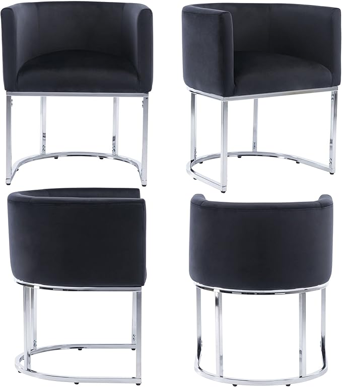 VESCASA Velvet Upholstered Dining Chairs with Barrel Back, Mid Century Modern Padded Restaurant Chairs with Chrome Metal Frame for Kitchen, Dining Room, Set of 2, Black