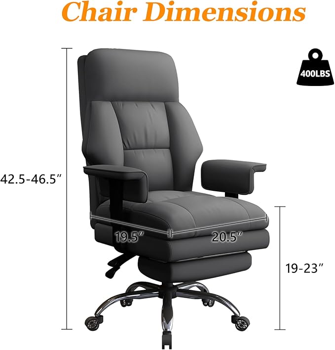 WXJHL Office Chair with Leg Rest, Leather High Back Executive Office Chair with Wheels, Ergonomic Desk Chairs with Lumbar Support for Home Office, Gray