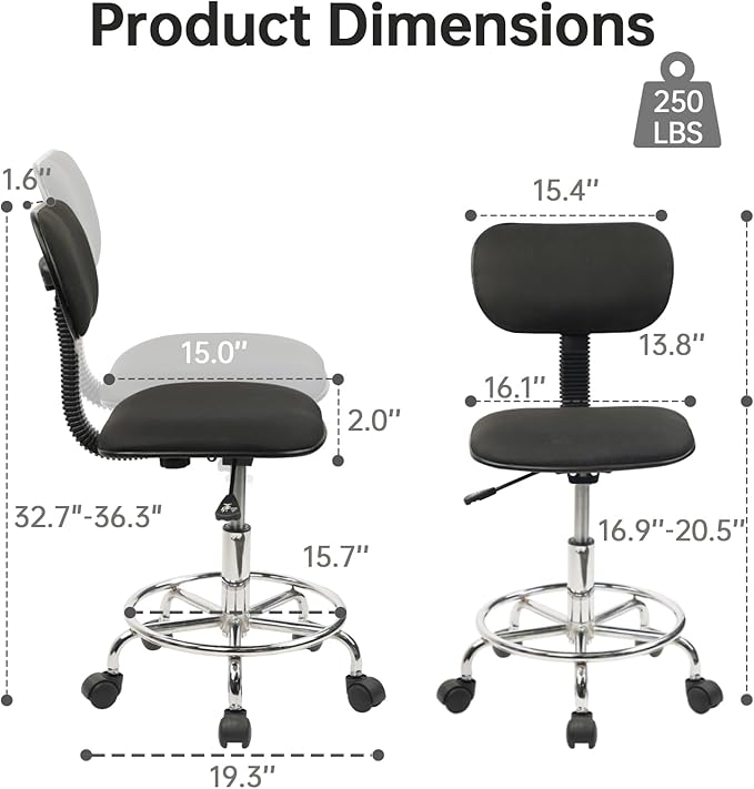 Low Wide Rolling Swivel Stool with Backrest, Adjustable Height Salon Chair Stools with Footrest for Spa Tattoo Office Desk Massage Task Lash Barber Facial, Black 4PK