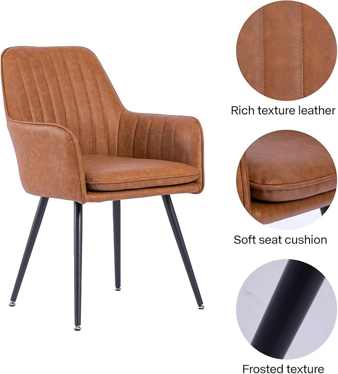 Purgreen Faux Leather Dining Chair Set of 2 - Modern Mid-Back Accent Chair with Metal Legs - Comfy Upholstered Chair for Living Room，Restaurant，Reception Room (Leather Whisky Brown, Set of 2)