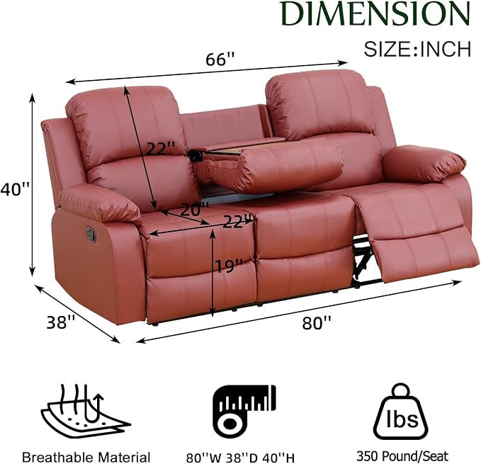 Caberryne Leather Recliner Sofa，Reclining Sofa for Living Room Furniture Sets，Red Wall Hugger Recliner Couch with Cupholder for Living Room/Office/Theater Seating(3 Seater Sofa)