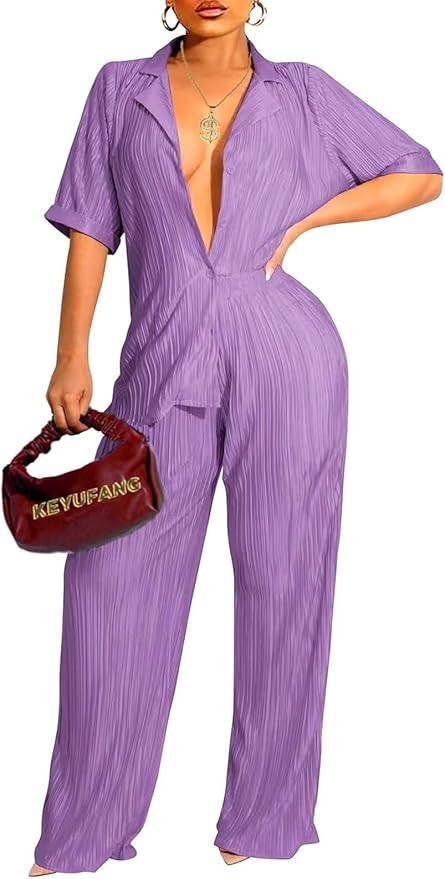 Ekaliy Women's 2 Piece Casual Pleated Outfits Short Sleeve Button Down Shirt High Waist Wide Leg Trouser Sets Suit