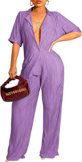 Ekaliy Women's 2 Piece Casual Pleated Outfits Short Sleeve Button Down Shirt High Waist Wide Leg Trouser Sets Suit