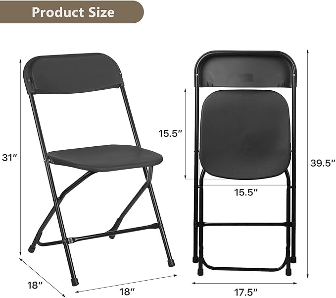 Folding Chairs 10 Pack, Heavy-Duty Plastic Foldable Chairs with Sturdy Metal Frame, 350 lbs Capacity, Stackable Portable for Weddings, Parties, Office, Indoor, Outdoor Events, Black