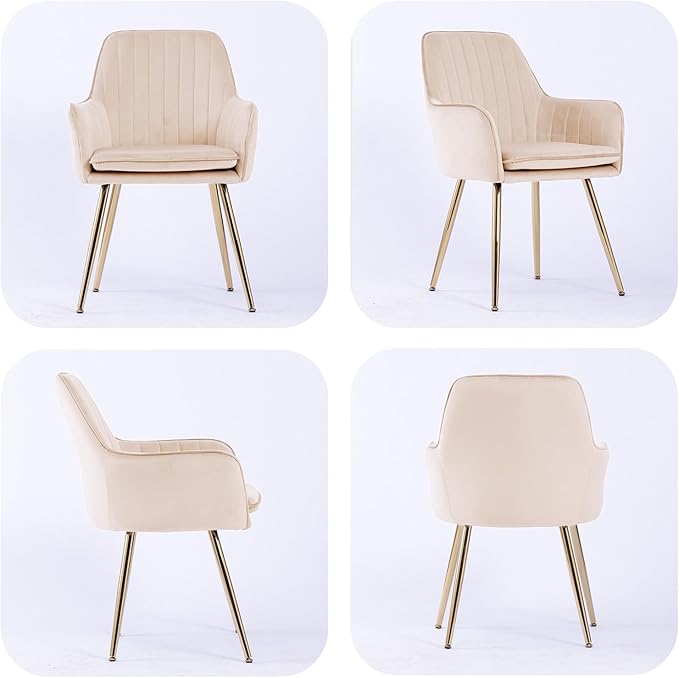 Purgreen Velvet Dining Chair Set of 2 - Modern Mid-Back Accent Chair with Gold Plating Legs - Upholstered Chair for Living Room ，Kitchen & Reception Room (Velvet Beige, Set of 2)