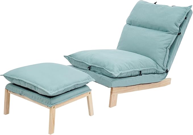 Single Lazy Leisure Chair, Adjustable Recliner Balcony Reclining Japanese Tatami Chair with Ottoman, Floor Seating Lounge Chair with Backrest and Footrest, Upholstered Chair for Living Bedroom (Green)