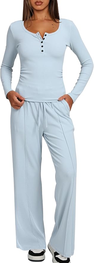 Darong Womens 2 Piece Matching Lounge Sets 2026 Long Sleeve Henley Shirts Wide Leg Pants Airport Travel Outfits