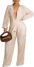 Ekaliy Women's 2 Piece Casual Pleated Outfits Short Sleeve Button Down Shirt High Waist Wide Leg Trouser Sets Suit