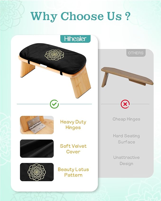 Hihealer Folding Bamboo Meditation Bench with Cushion & Carry Bag – Ergonomic Yoga and Prayer Stool for Comfort and Posture Support (Black)