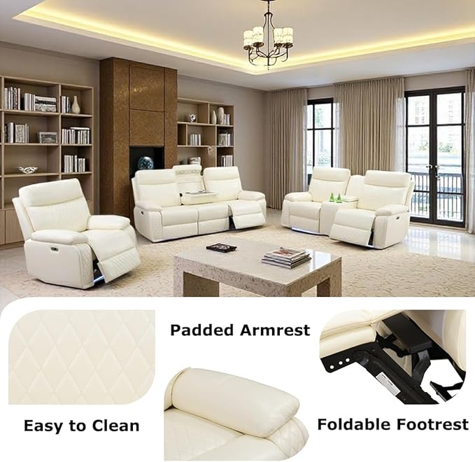 Toseslo 2 Piece Leather Sofa Sets,Power Recliner Sofa and Loveseat Set with LED Light,Living Room Furniture, Reclining Sofa with Cup Holders/Storage Console for House, Vanilla White