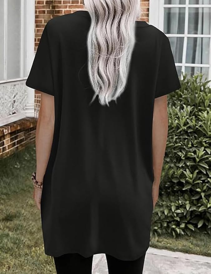 Poetsky Summer Womens Tunic Tops for Leggings with Pockets Short Sleeve Casual Long T Shirts S-3XL