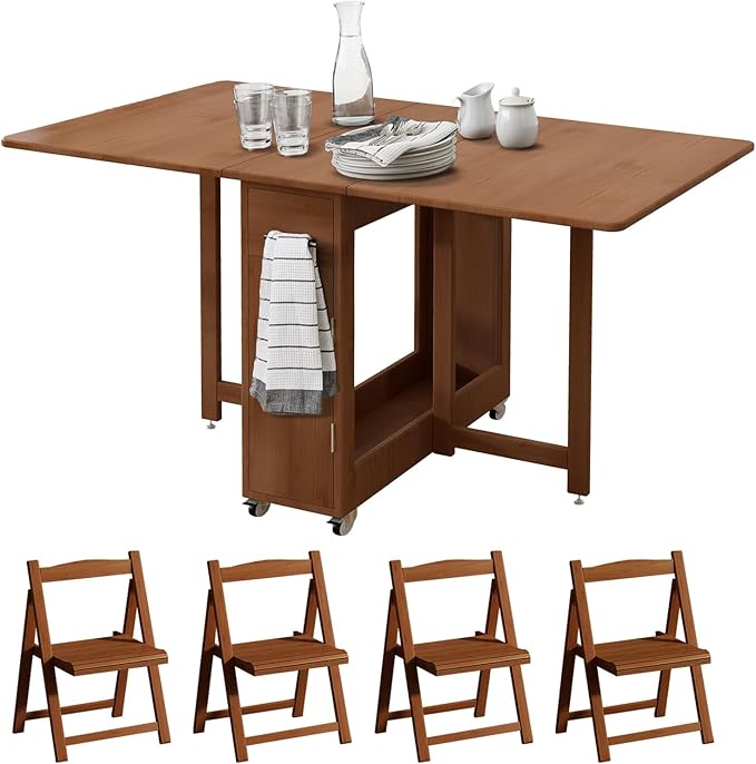 Bamboo Folding Dining Table Set for 4, Extendable Drop Leaf Foldable Table with Lockable Wheels & Storage for Small Spaces Kitchen Dining Room, Collapsible Dinette Expandable Rectangle (Brown)