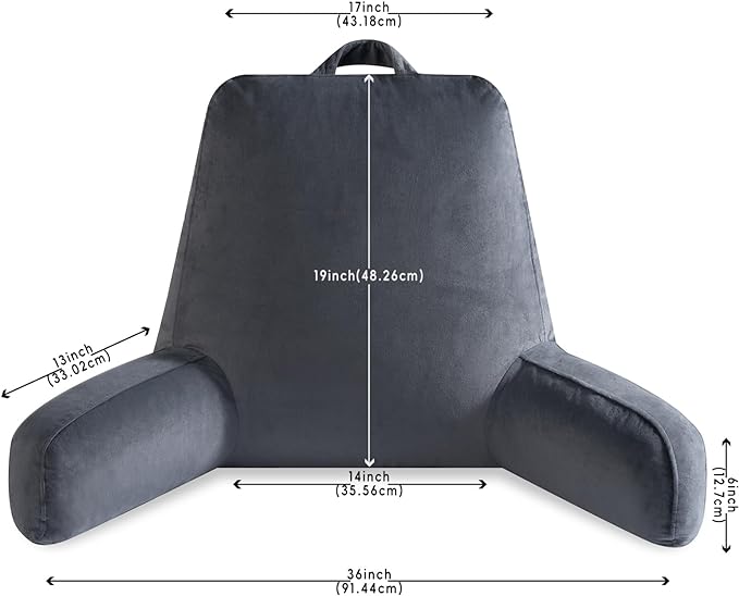 OAISZ Reading Pillow for Sitting in Bed Adult, 19" Reading Pillow with Shredded Memory Foam, Back Pillow for Sitting Up with Extend Arms, Pockets, Bed Pillow with Washable Cover, Grey