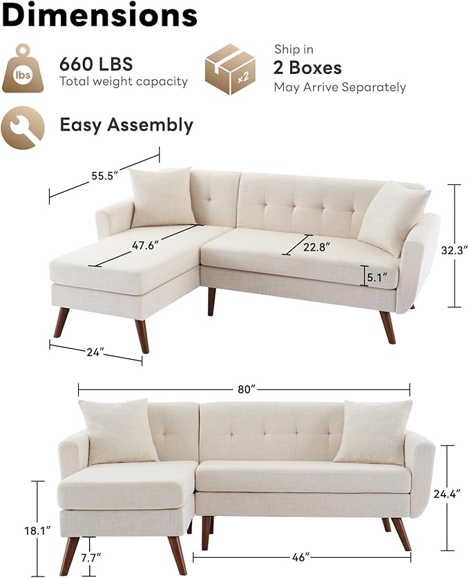 Tbfit L Shaped Couch Sofa, 80" W Mid-Century Modern Sectional Couches, 3 Seater Sofas with Wide Chaise Lounge, Button Tufted Upholstered Sectional Sofa for Living Room, Bedroom, Beige | linen fabric, button tufted, solid wood foot, pocket spring, wood ...