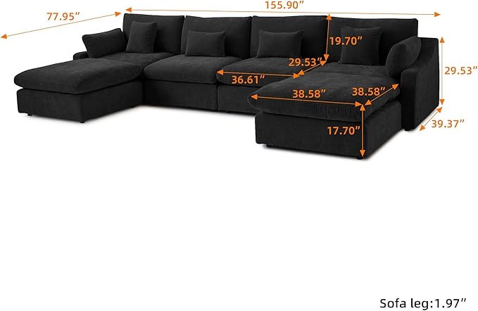 Cloud Couch Modular Sectional Sofa,156" U Shaped Large Down Filled Convertible Modular Sofa Couch with Ottomans for Living Room Set,Covers Washable&Replaceable(Black)