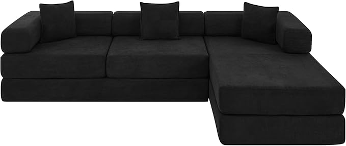 108" Convertible Sleeper Sofa Bed, Corduroy Folding Sofa Bed with Fixed-Shape Frame, Fold Out Floor Mattress Couch, Lazy Compression Sofas for Living Room, Bedroom, No Assembly Required,Black