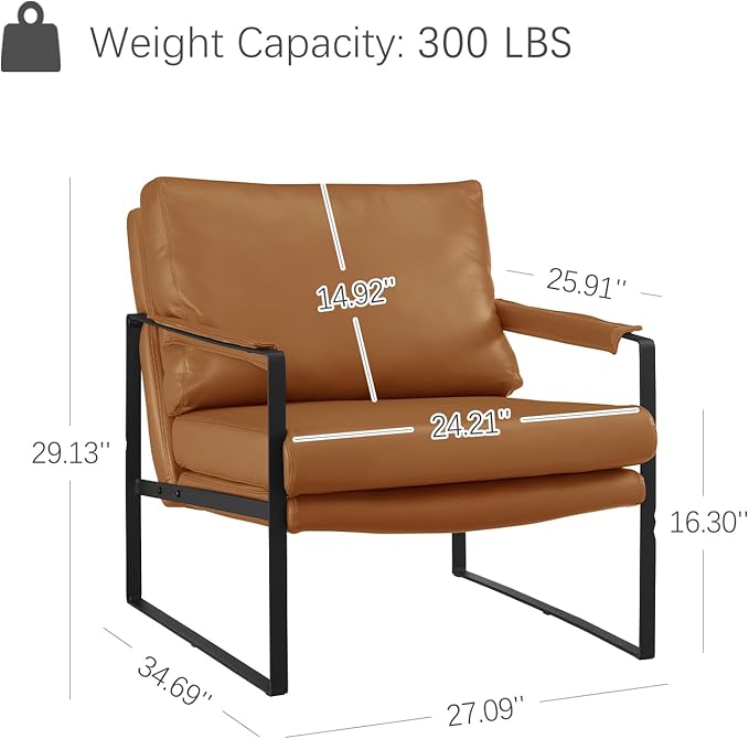 Zouron Genuine Leather Accent Chair, Mid Century Modern Chair with Black Metal Frame, Single Sofa Chair, Upholstered Lounge Reading Armchair for Living Room Bedroom, Brown