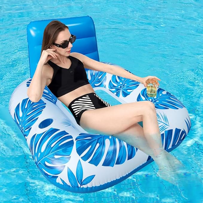 Pool Zing Square Inflatable Pool Lounger with Backrest (Two Pack), Tropical Palm Leaf Float for Adults, Relaxing Pool Raft with Cooling Mesh Seat