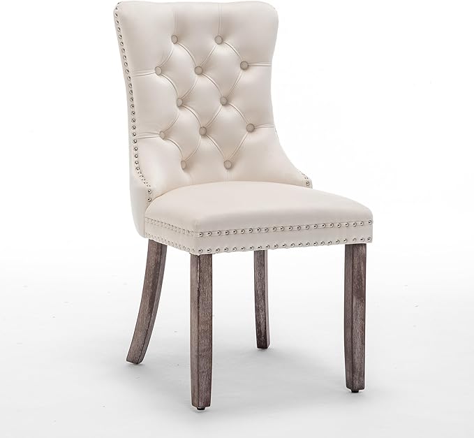 Kiztir Velvet Dining Chairs Set of 4, Upholstered Dining Room Chairs with Ring Pull Trim and Button Back, Luxury Tufted Dining Chair for Living Room, Bedroom, Kitchen (Beige)