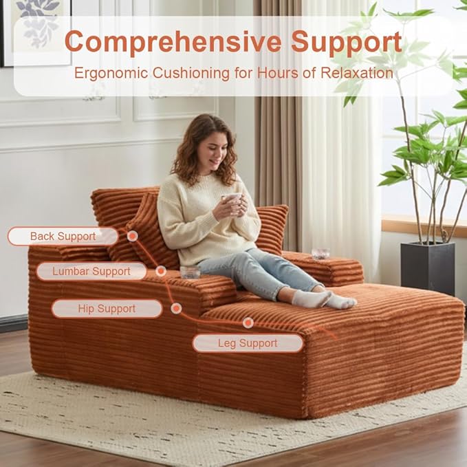 66" Oversized Chaise Lounge Sofa Chair Indoor, Modern Corduroy Single Sleeper Couch Chair with 3 Soft Pillows＆Cup Holder, Boneless Cloud Couch Single Seat Sofa Bed for Living Room Office (Brown)