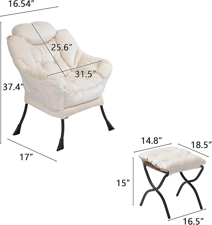 Modern Lazy Chair with Ottoman, Comfortable Lounge Chair for Bedroom, Chair and Ottoman Set, Lounge Accent Chair with Footrest for Bedroom, Garden and Courtyard (White)